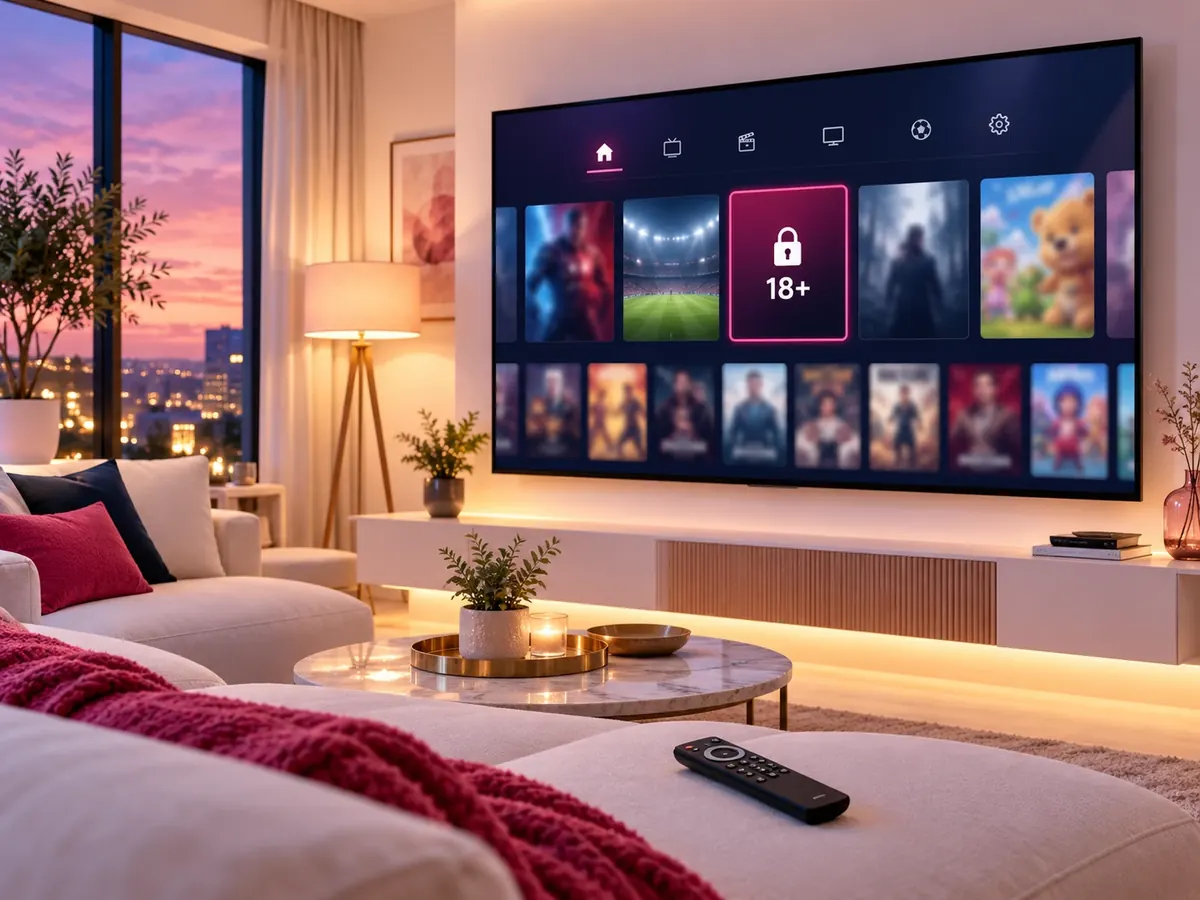 IPTV adulte : interface de chaînes IPTV +18 affichée sur une Smart TV dans un salon